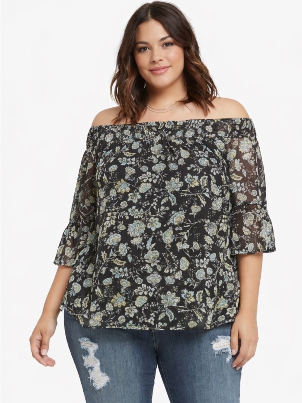 Torrid Off Shoulder Floral Chiffon Blouse 0X Black Blue Boho Peasant Top Plus